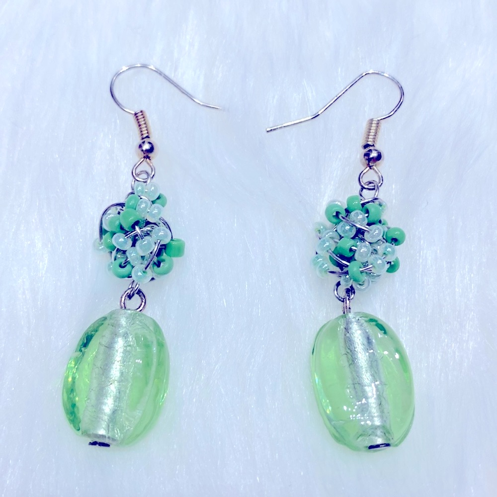Handmade Beaded Sea Green & Bead Wire Cluster Dangle Earrings Cool Gift !